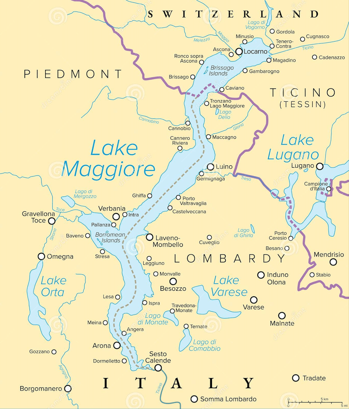 Mappa del Lago Maggiore e della regione di confine circostante tra Italia e Svizzera